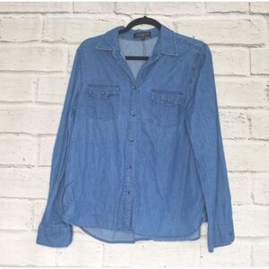 Sanctuary Large Medium Wash Soft Blue Chambray Button Up Tunic Shirt Long Sleeve